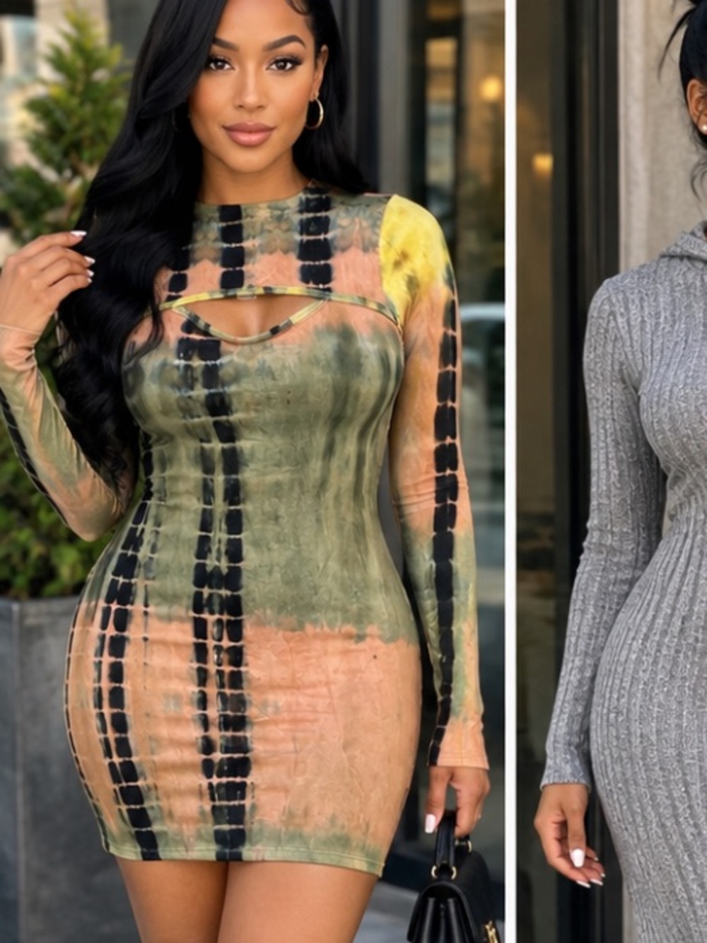 Tie-Dye Long Sleeve Bodycon Dress in Olive, Peach & Black